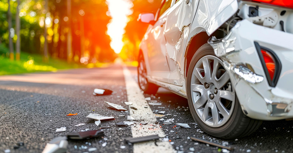 Rear-end car accident with visible bumper and quarter panel damage, debris scattered on the roadway, representing insurance evaluation and Diminished Value Claims North Dakota after a vehicle collision.