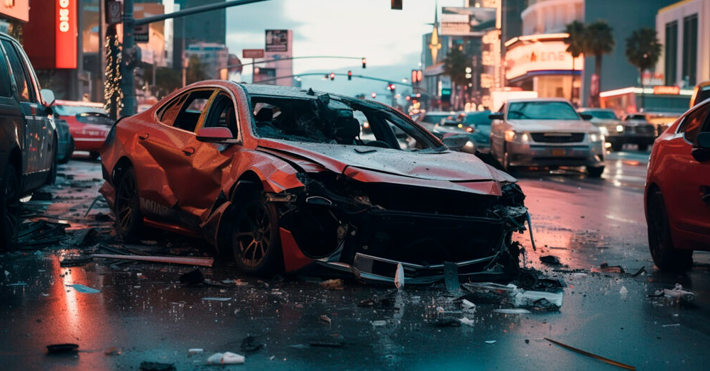 Severely wrecked car in a busy city street at night with debris scattered after a major collision, illustrating insurance evaluation and Nevada Total Loss Threshold following a serious auto accident