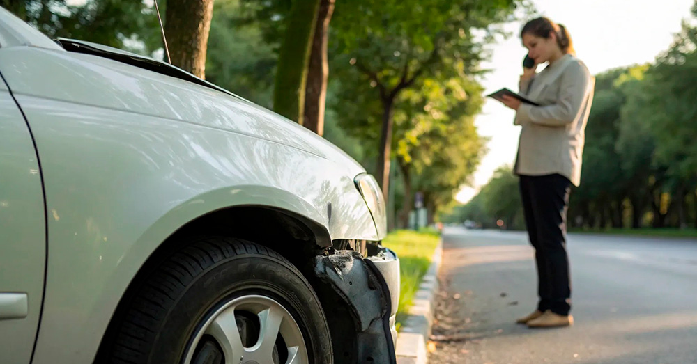 Woman standing roadside using a phone while inspecting minor front bumper damage on a parked car, representing insurance review and Diminished Value Appraisal in Southern Oregon after a vehicle incident